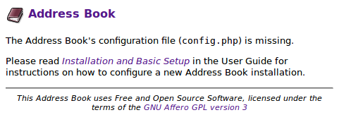 The Address Book's configuration file (config.php) is missing.